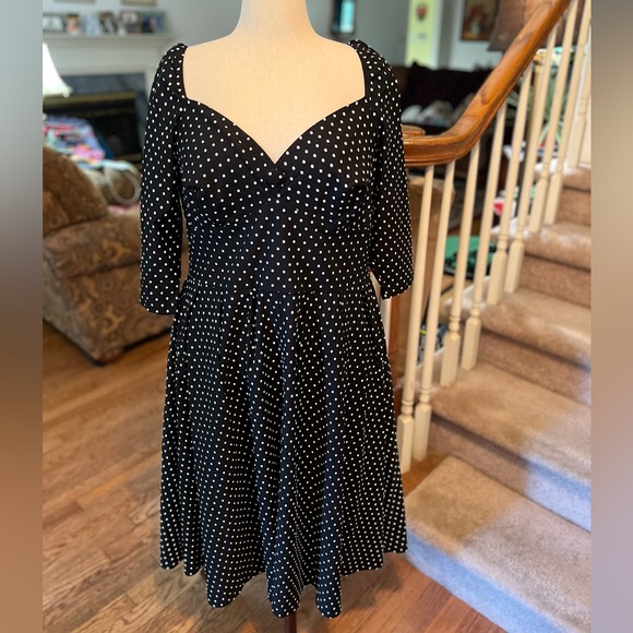 Unique Vintage Black and White Polka Dot Midi Dress - Picture 1 of 7